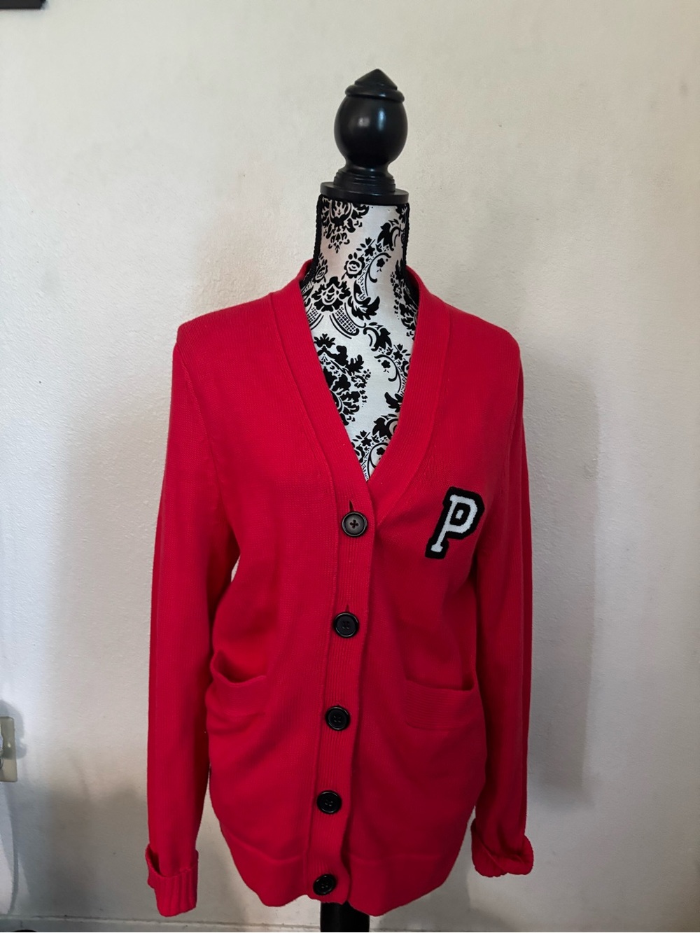 PINK Victoria's Secret Bright Red V‑Neck Button Cardigan with 'P' Patch